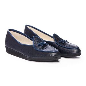 Belgian Shoes Travelete Ostrich Calf Navy Loafers for Women Size 8